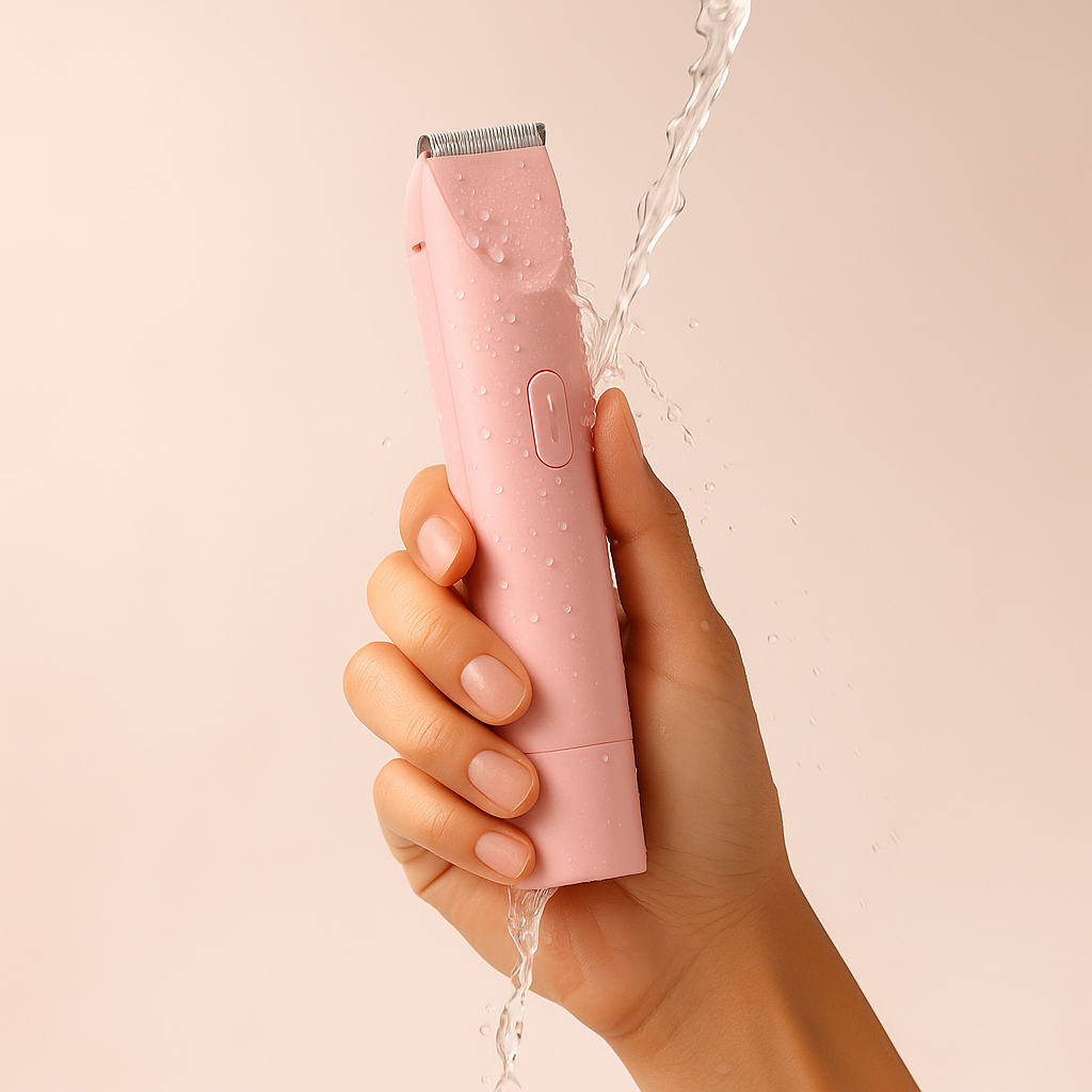 Pink electric razor being rinsed under water with a beige background